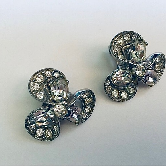 Vintage Rhinestone Clip on Earrings, Signed Bogoff, Glam - Picture 4 of 8